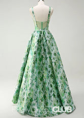 Judith | Sparkly Green Floral Spaghetti Straps Long Prom Dress - Price #price_variant_lowest# - Green Floral - PromDressClub